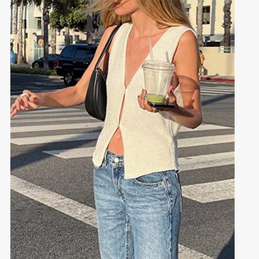 White Knit V neck Vest